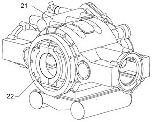 Корпус двигателя 2Д80ГКО с установленной разъёмной коренной опорой, секцией распределительного вала, коробкой приводов агрегатов, подмоторной рамой, вкладышами направляющих ползунов, лючками и крышками.